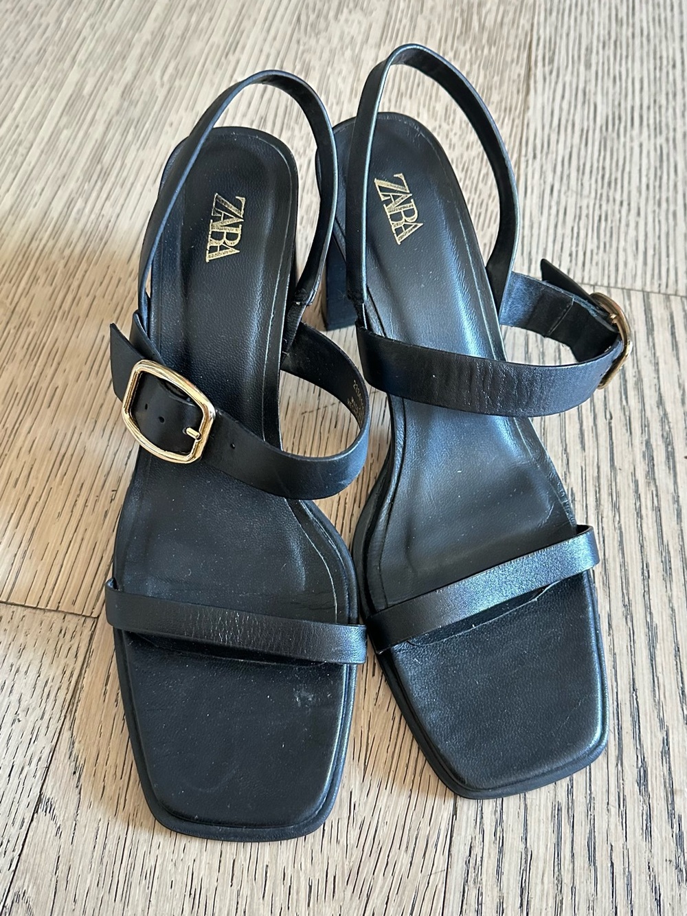 Zara Black Leather Square-Toe Slingback Heels with Gold Buckle
